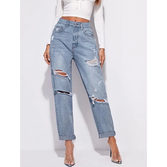 SHEIN Denim - 🌿 Medium Wash High-Waisted Distressed Mom Jeans